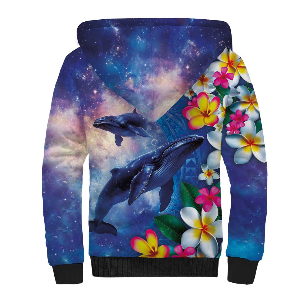 Hawaiian Lei Day Plumeria Humpback Whales Sherpa Hoodie Polynesian Art Vibrant Starry Nebula Style