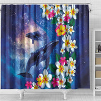 Hawaiian Lei Day Plumeria Humpback Whales Shower Curtain Polynesian Art Vibrant Starry Nebula Style