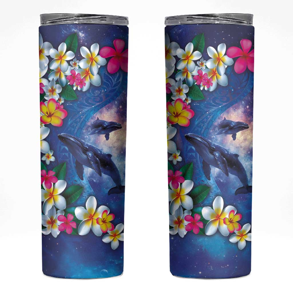 Hawaiian Lei Day Plumeria Humpback Whales Skinny Tumbler Polynesian Art Vibrant Starry Nebula Style