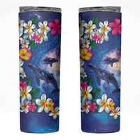 Hawaiian Lei Day Plumeria Humpback Whales Skinny Tumbler Polynesian Art Vibrant Starry Nebula Style