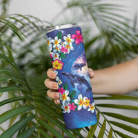 Hawaiian Lei Day Plumeria Humpback Whales Skinny Tumbler Polynesian Art Vibrant Starry Nebula Style
