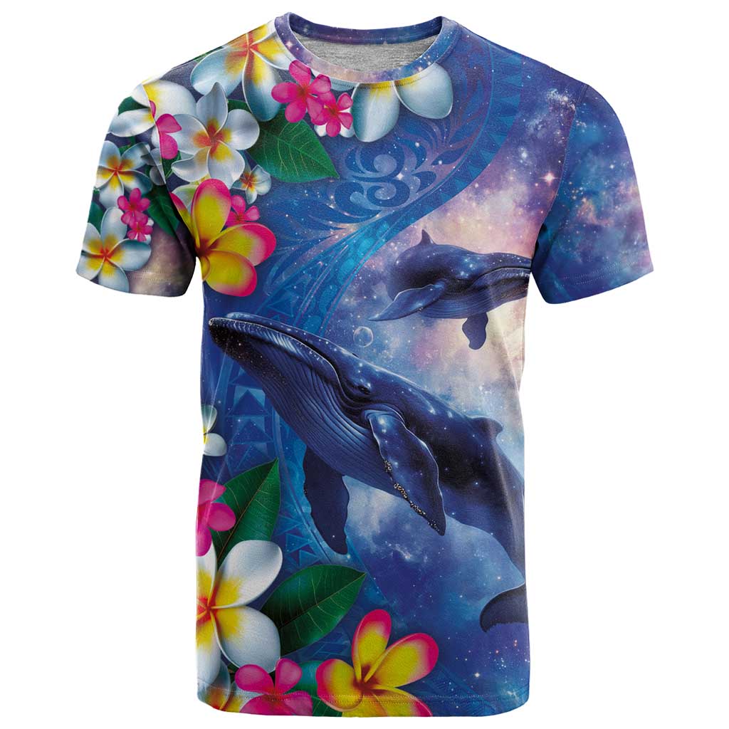 Hawaiian Lei Day Plumeria Humpback Whales T Shirt Polynesian Art Vibrant Starry Nebula Style