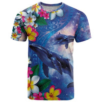 Hawaiian Lei Day Plumeria Humpback Whales T Shirt Polynesian Art Vibrant Starry Nebula Style