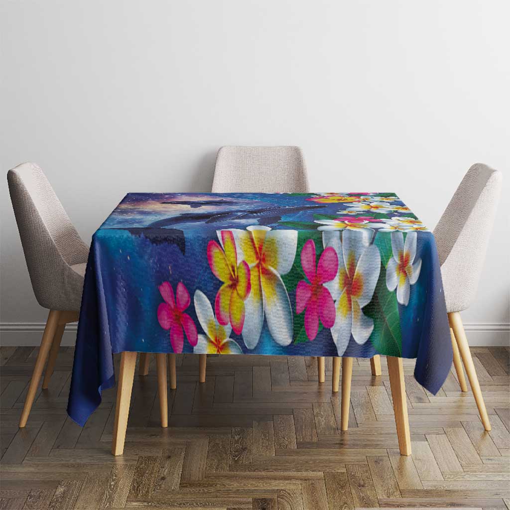 Hawaiian Lei Day Plumeria Humpback Whales Tablecloth Polynesian Art Vibrant Starry Nebula Style