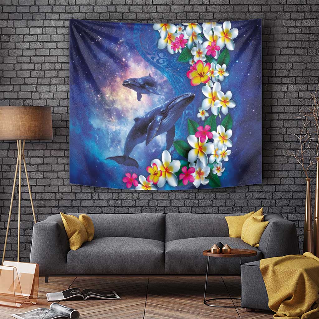 Hawaiian Lei Day Plumeria Humpback Whales Tapestry Polynesian Art Vibrant Starry Nebula Style