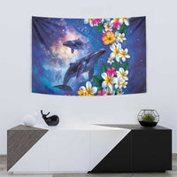Hawaiian Lei Day Plumeria Humpback Whales Tapestry Polynesian Art Vibrant Starry Nebula Style