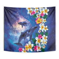 Hawaiian Lei Day Plumeria Humpback Whales Tapestry Polynesian Art Vibrant Starry Nebula Style