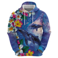 Hawaiian Lei Day Plumeria Humpback Whales Zip Hoodie Polynesian Art Vibrant Starry Nebula Style