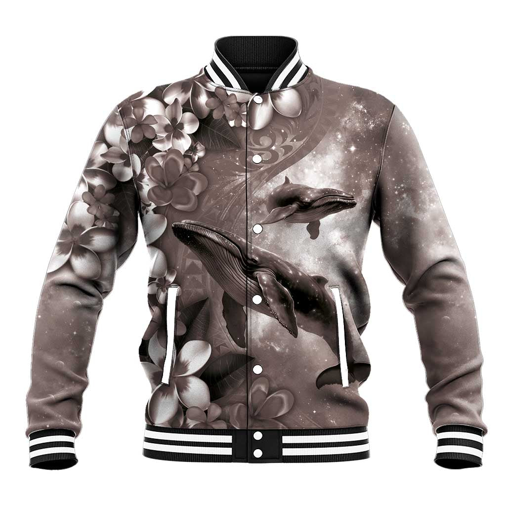Hawaiian Lei Day Plumeria Humpback Whales Baseball Jacket Polynesian Art Vibrant Starry Nebula Grayscale Style