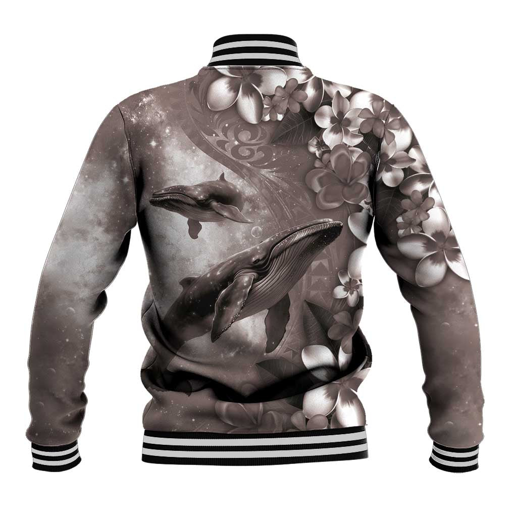 Hawaiian Lei Day Plumeria Humpback Whales Baseball Jacket Polynesian Art Vibrant Starry Nebula Grayscale Style