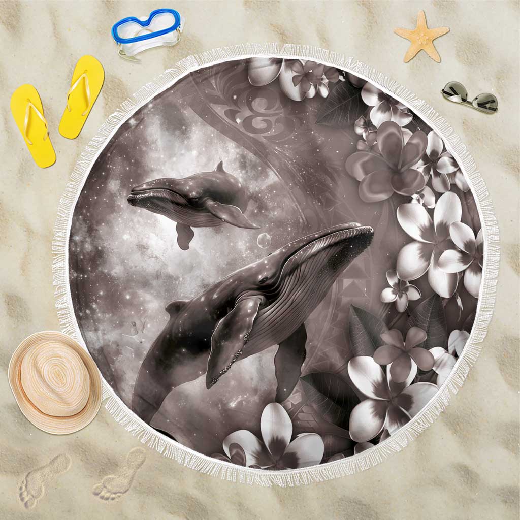 Hawaiian Lei Day Plumeria Humpback Whales Beach Blanket Polynesian Art Vibrant Starry Nebula Grayscale Style