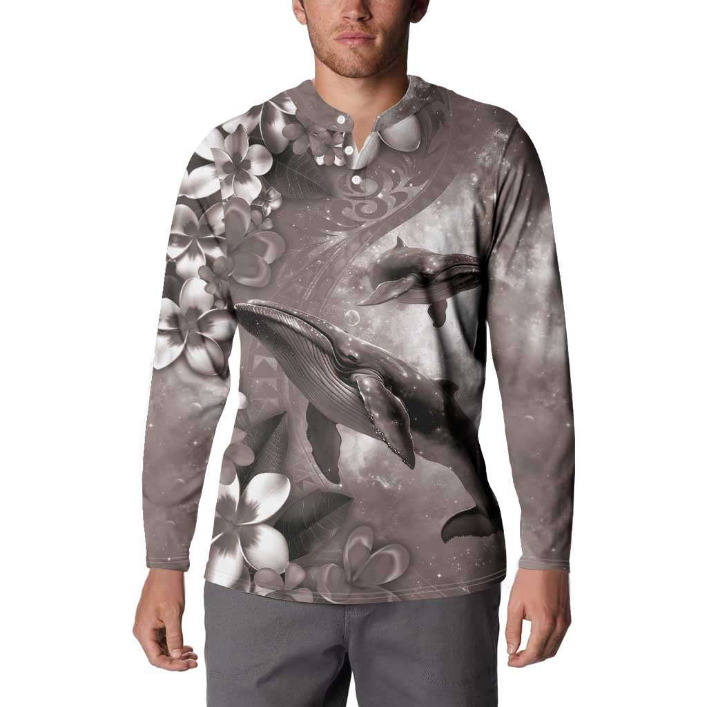 Hawaiian Lei Day Plumeria Humpback Whales Button Sweatshirt Polynesian Art Vibrant Starry Nebula Grayscale Style