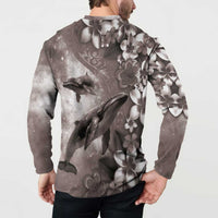 Hawaiian Lei Day Plumeria Humpback Whales Button Sweatshirt Polynesian Art Vibrant Starry Nebula Grayscale Style