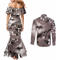Hawaiian Lei Day Plumeria Humpback Whales Couples Matching Mermaid Dress and Long Sleeve Button Shirt Polynesian Art Vibrant Starry Nebula Grayscale Style