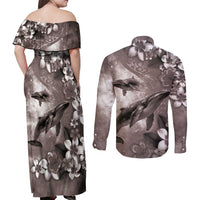 Hawaiian Lei Day Plumeria Humpback Whales Couples Matching Off Shoulder Maxi Dress and Long Sleeve Button Shirt Polynesian Art Vibrant Starry Nebula Grayscale Style