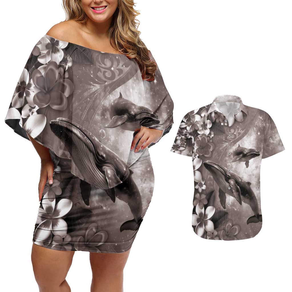 Hawaiian Lei Day Plumeria Humpback Whales Couples Matching Off Shoulder Short Dress and Hawaiian Shirt Polynesian Art Vibrant Starry Nebula Grayscale Style