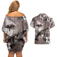 Hawaiian Lei Day Plumeria Humpback Whales Couples Matching Off Shoulder Short Dress and Hawaiian Shirt Polynesian Art Vibrant Starry Nebula Grayscale Style