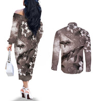 Hawaiian Lei Day Plumeria Humpback Whales Couples Matching Off The Shoulder Long Sleeve Dress and Long Sleeve Button Shirt Polynesian Art Vibrant Starry Nebula Grayscale Style