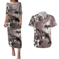 Hawaiian Lei Day Plumeria Humpback Whales Couples Matching Puletasi and Hawaiian Shirt Polynesian Art Vibrant Starry Nebula Grayscale Style