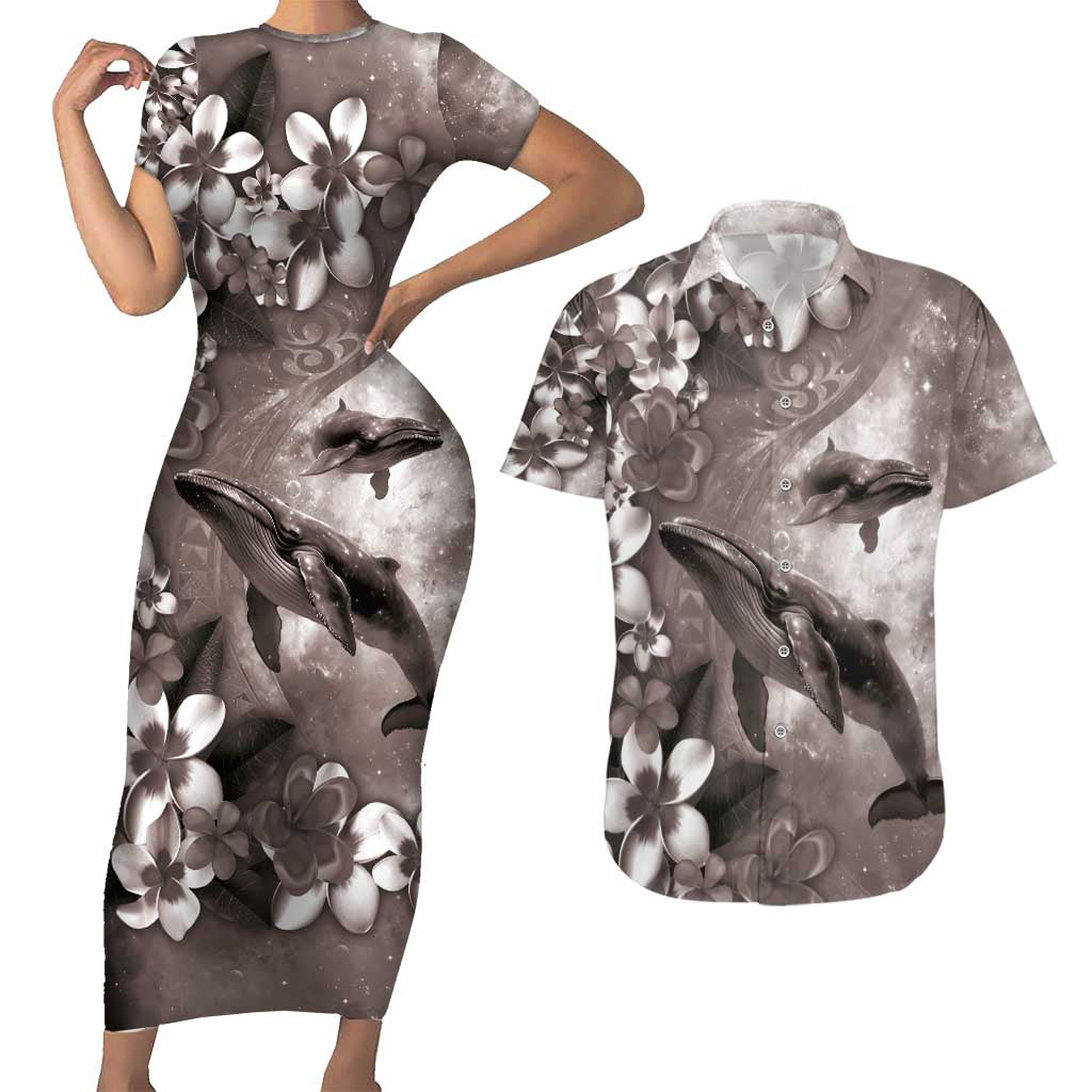 Hawaiian Lei Day Plumeria Humpback Whales Couples Matching Short Sleeve Bodycon Dress and Hawaiian Shirt Polynesian Art Vibrant Starry Nebula Grayscale Style