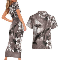 Hawaiian Lei Day Plumeria Humpback Whales Couples Matching Short Sleeve Bodycon Dress and Hawaiian Shirt Polynesian Art Vibrant Starry Nebula Grayscale Style