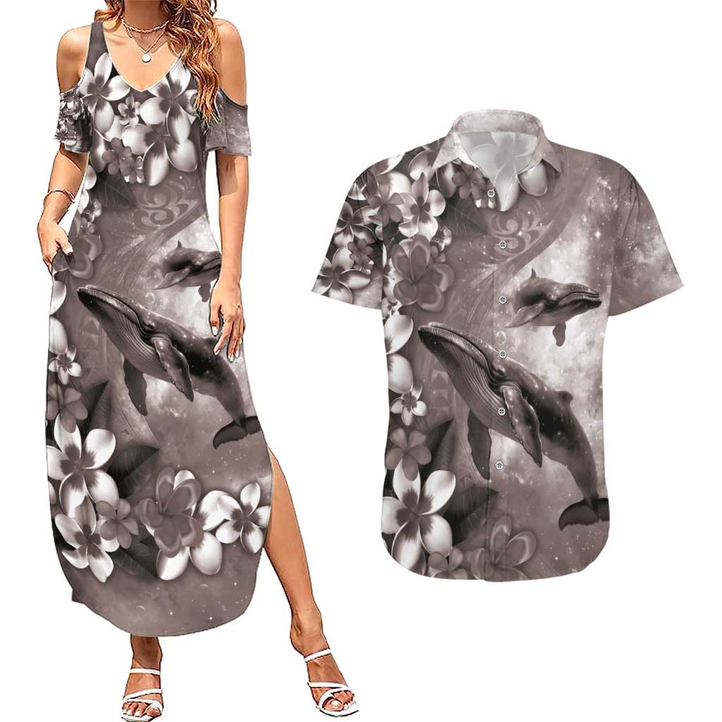Hawaiian Lei Day Plumeria Humpback Whales Couples Matching Summer Maxi Dress and Hawaiian Shirt Polynesian Art Vibrant Starry Nebula Grayscale Style