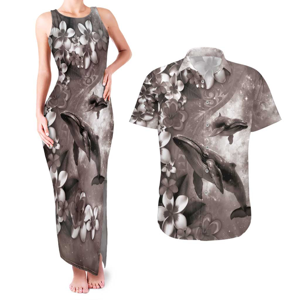 Hawaiian Lei Day Plumeria Humpback Whales Couples Matching Tank Maxi Dress and Hawaiian Shirt Polynesian Art Vibrant Starry Nebula Grayscale Style