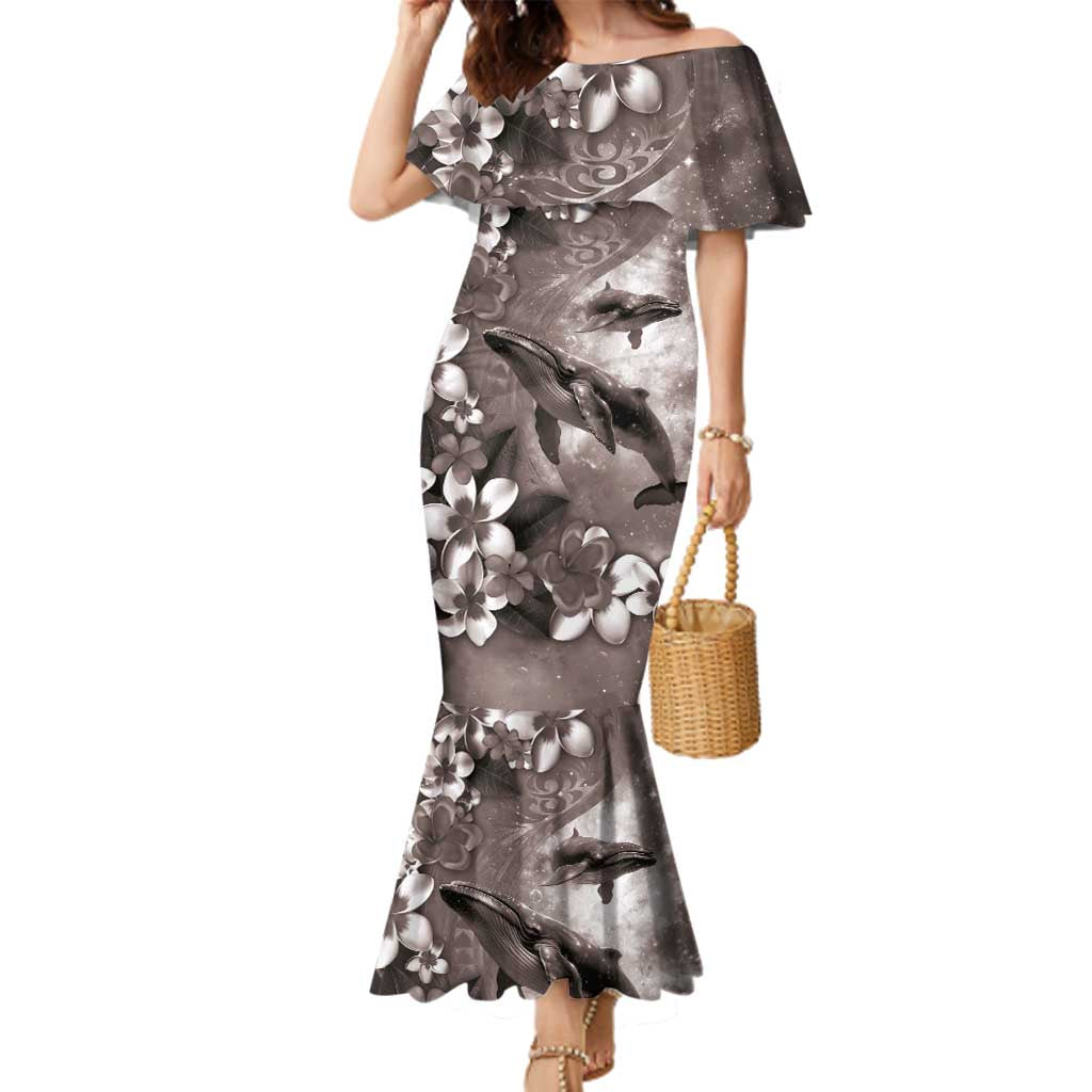 Hawaiian Lei Day Plumeria Humpback Whales Family Matching Mermaid Dress and Hawaiian Shirt Polynesian Art Vibrant Starry Nebula Grayscale Style