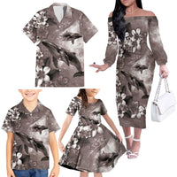 Hawaiian Lei Day Plumeria Humpback Whales Family Matching Off The Shoulder Long Sleeve Dress and Hawaiian Shirt Polynesian Art Vibrant Starry Nebula Grayscale Style