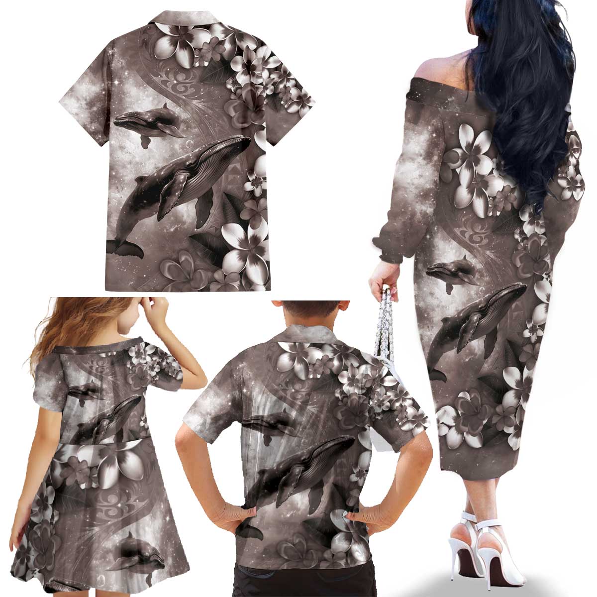 Hawaiian Lei Day Plumeria Humpback Whales Family Matching Off The Shoulder Long Sleeve Dress and Hawaiian Shirt Polynesian Art Vibrant Starry Nebula Grayscale Style