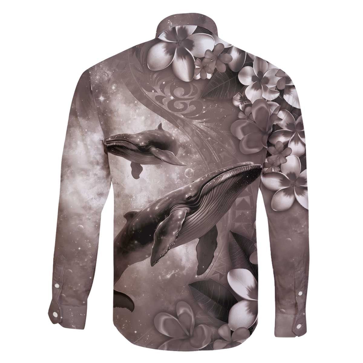 Hawaiian Lei Day Plumeria Humpback Whales Family Matching Off The Shoulder Long Sleeve Dress and Hawaiian Shirt Polynesian Art Vibrant Starry Nebula Grayscale Style