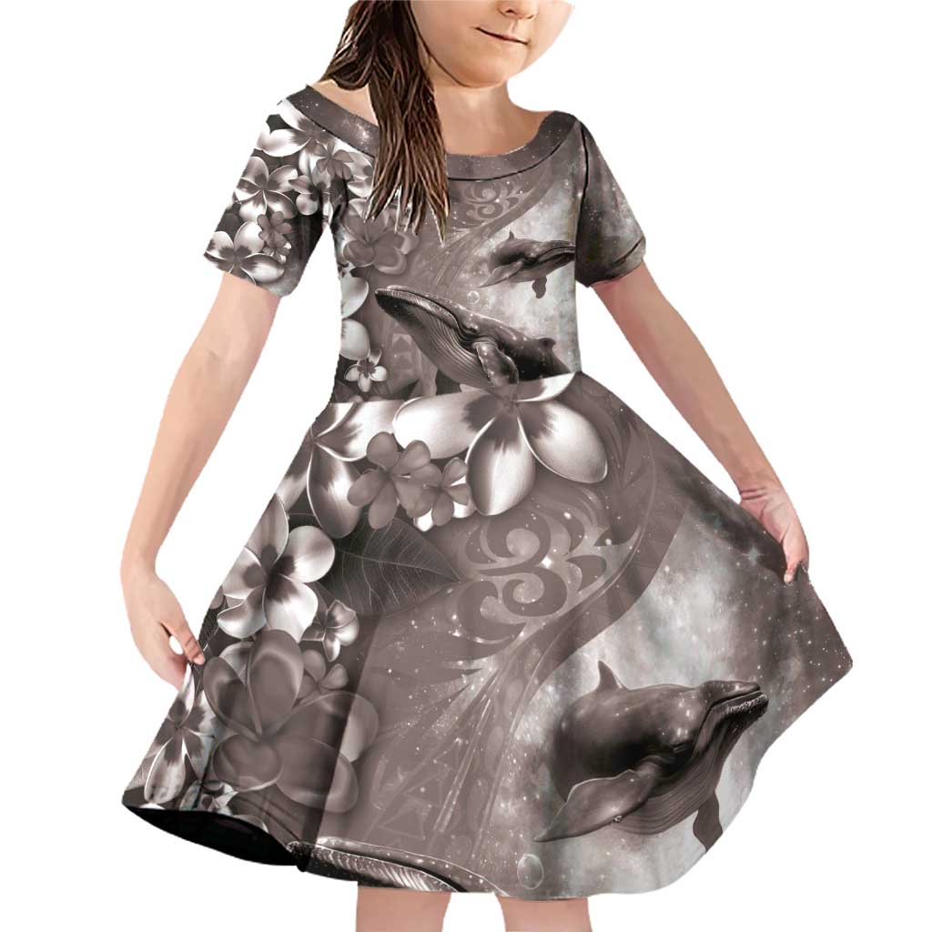 Hawaiian Lei Day Plumeria Humpback Whales Family Matching Off Shoulder Short Dress and Hawaiian Shirt Polynesian Art Vibrant Starry Nebula Grayscale Style