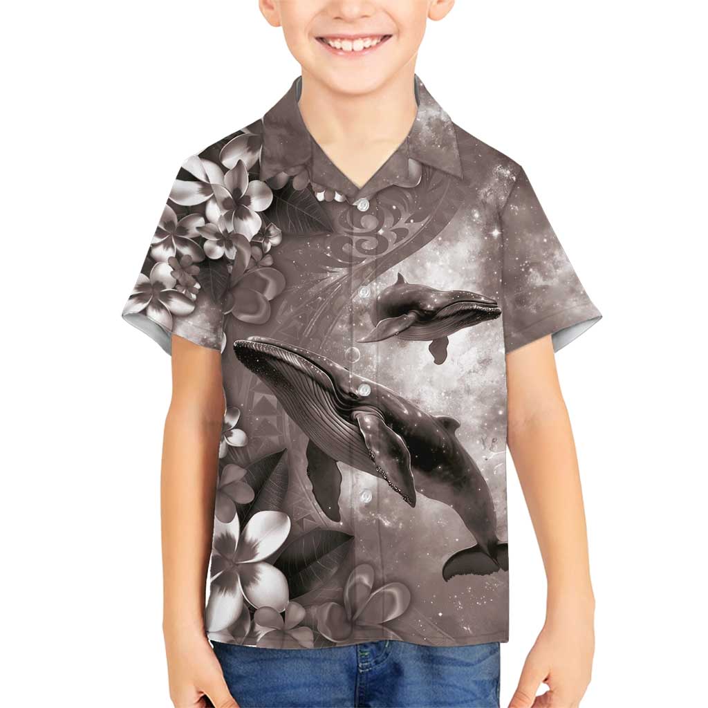 Hawaiian Lei Day Plumeria Humpback Whales Family Matching Off Shoulder Short Dress and Hawaiian Shirt Polynesian Art Vibrant Starry Nebula Grayscale Style