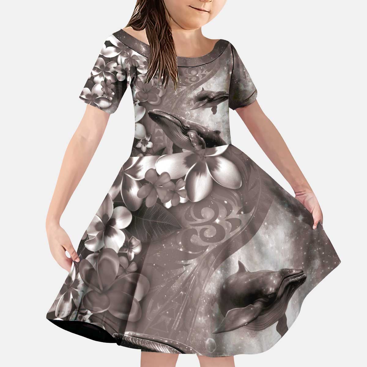Hawaiian Lei Day Plumeria Humpback Whales Kid Short Sleeve Dress Polynesian Art Vibrant Starry Nebula Grayscale Style