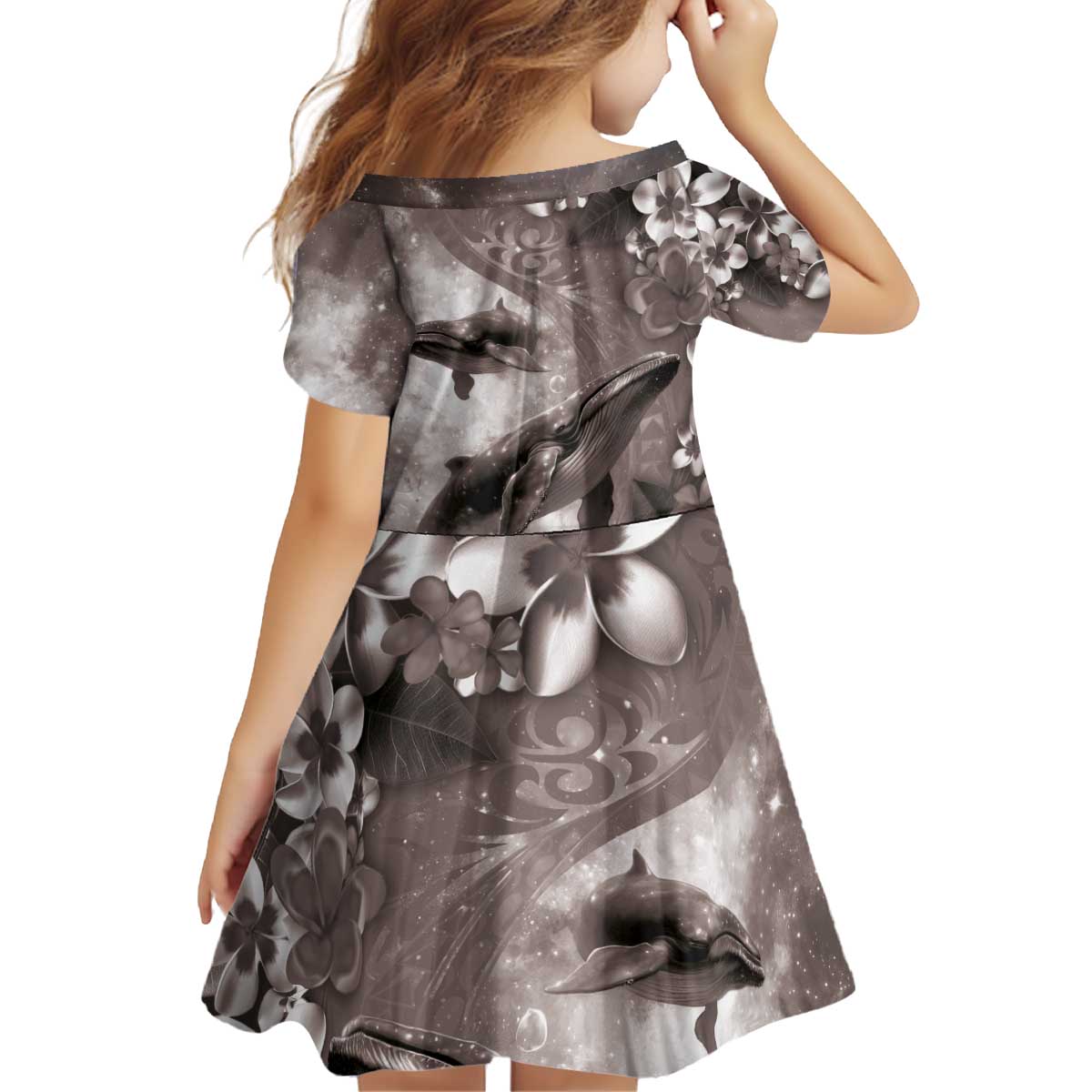 Hawaiian Lei Day Plumeria Humpback Whales Kid Short Sleeve Dress Polynesian Art Vibrant Starry Nebula Grayscale Style
