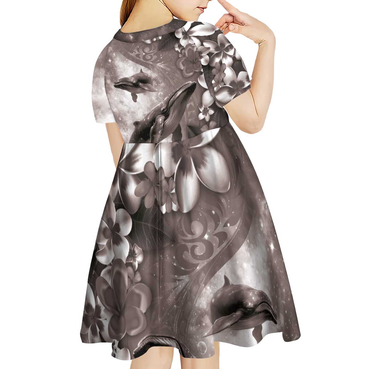 Hawaiian Lei Day Plumeria Humpback Whales Kid Short Sleeve Dress Polynesian Art Vibrant Starry Nebula Grayscale Style