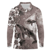 Hawaiian Lei Day Plumeria Humpback Whales Long Sleeve Polo Shirt Polynesian Art Vibrant Starry Nebula Grayscale Style