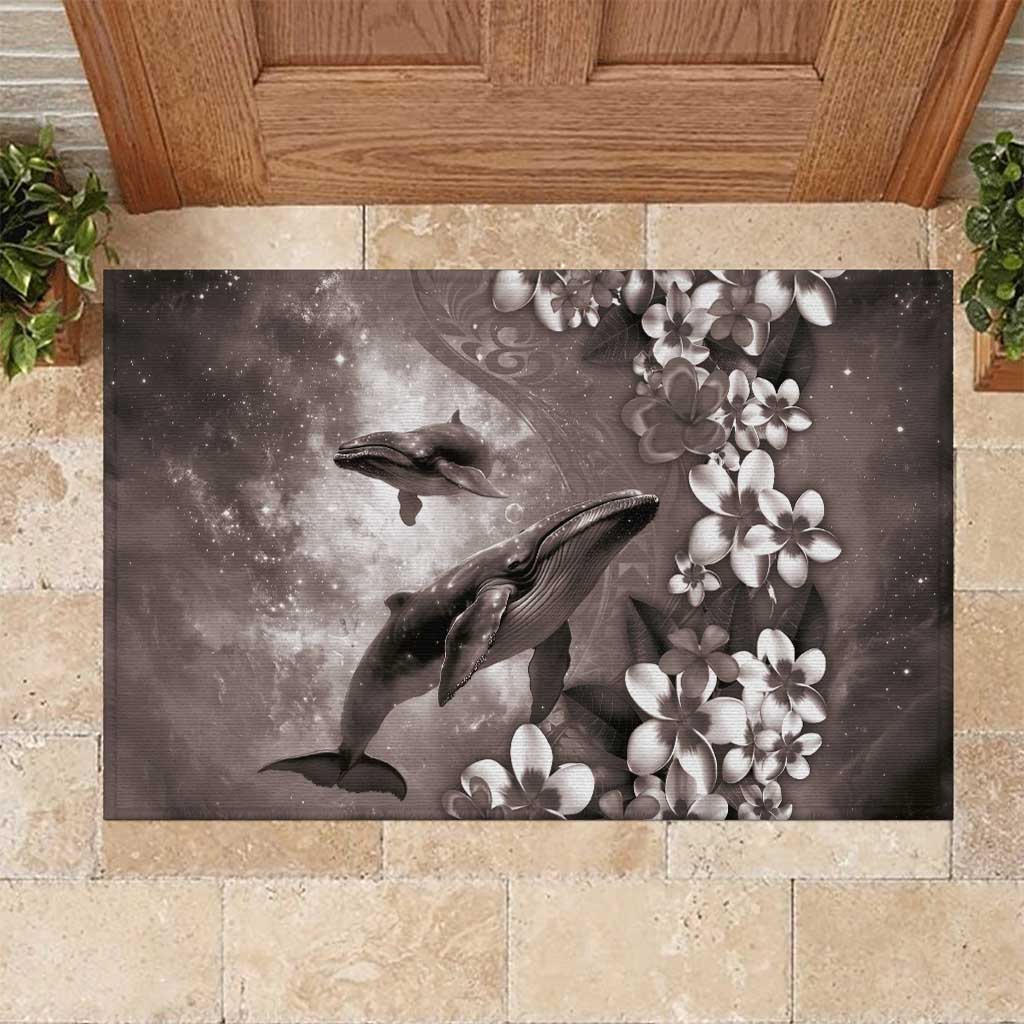 Hawaiian Lei Day Plumeria Humpback Whales Rubber Doormat Polynesian Art Vibrant Starry Nebula Grayscale Style