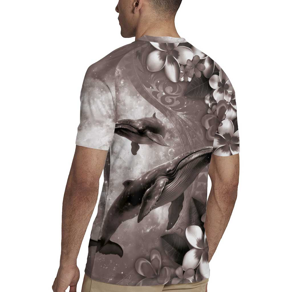 Hawaiian Lei Day Plumeria Humpback Whales Rugby Jersey Polynesian Art Vibrant Starry Nebula Grayscale Style