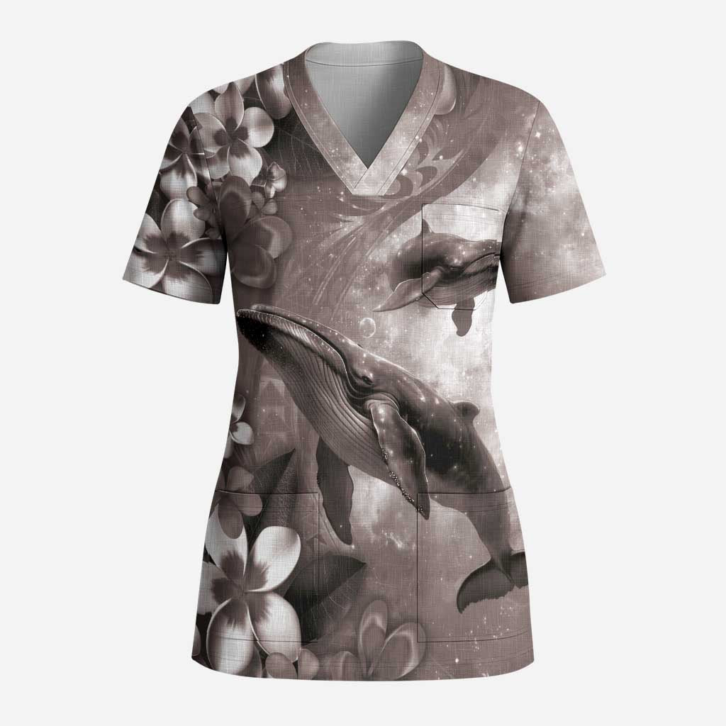 Hawaiian Lei Day Plumeria Humpback Whales Scrub Top Polynesian Art Vibrant Starry Nebula Grayscale Style LT03 Adult Art - Polynesian Pride