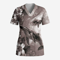 Hawaiian Lei Day Plumeria Humpback Whales Scrub Top Polynesian Art Vibrant Starry Nebula Grayscale Style LT03 Adult Art - Polynesian Pride
