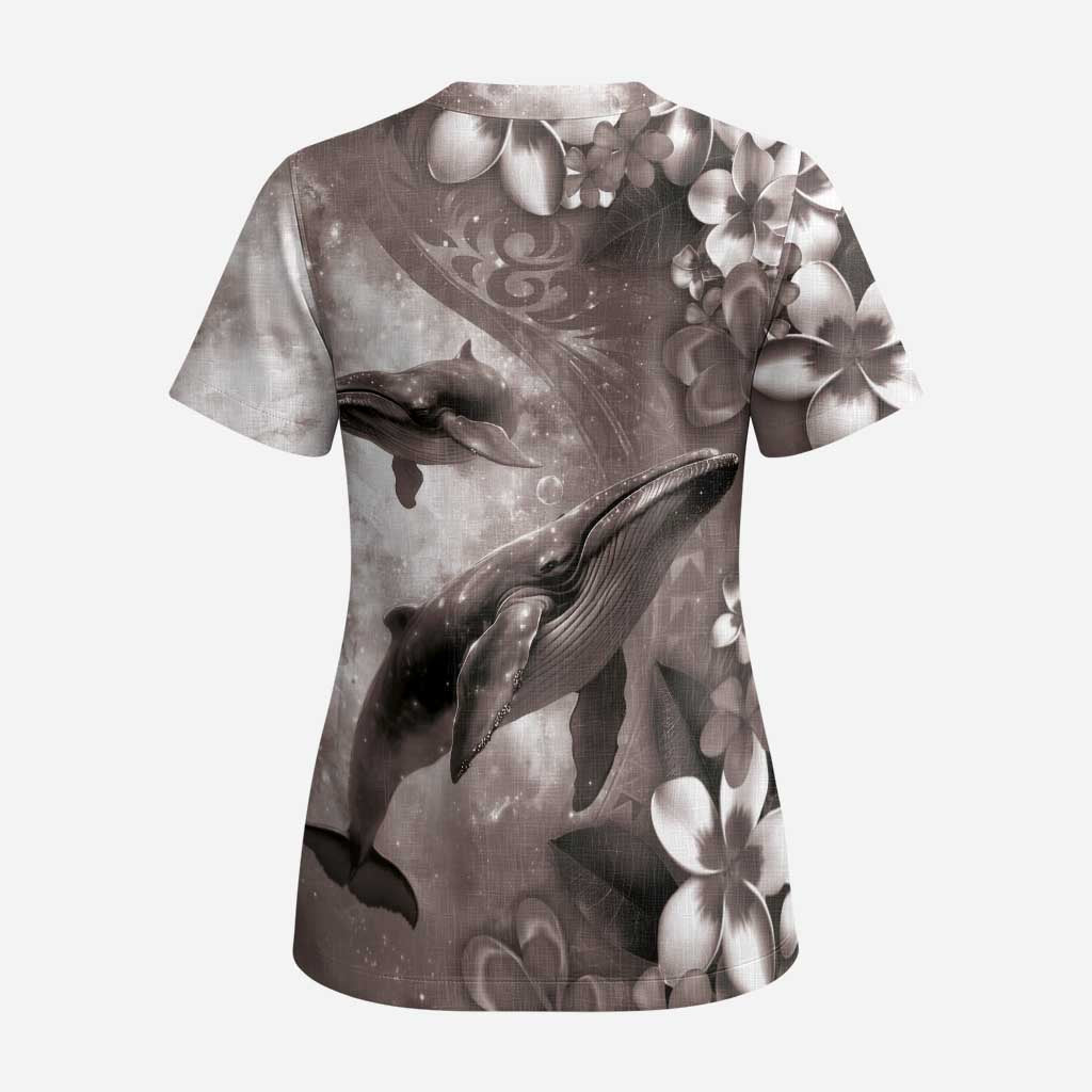 Hawaiian Lei Day Plumeria Humpback Whales Scrub Top Polynesian Art Vibrant Starry Nebula Grayscale Style LT03 - Polynesian Pride