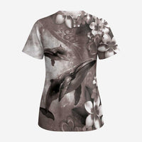 Hawaiian Lei Day Plumeria Humpback Whales Scrub Top Polynesian Art Vibrant Starry Nebula Grayscale Style LT03 - Polynesian Pride