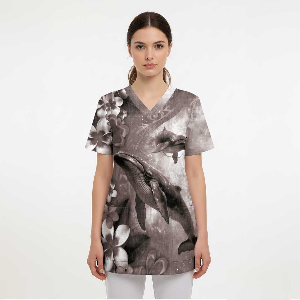 Hawaiian Lei Day Plumeria Humpback Whales Scrub Top Polynesian Art Vibrant Starry Nebula Grayscale Style LT03 - Polynesian Pride