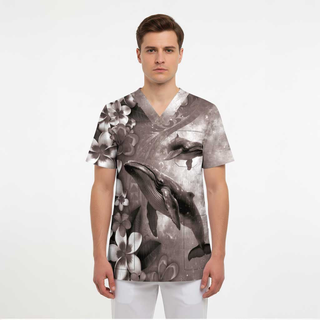 Hawaiian Lei Day Plumeria Humpback Whales Scrub Top Polynesian Art Vibrant Starry Nebula Grayscale Style LT03 - Polynesian Pride