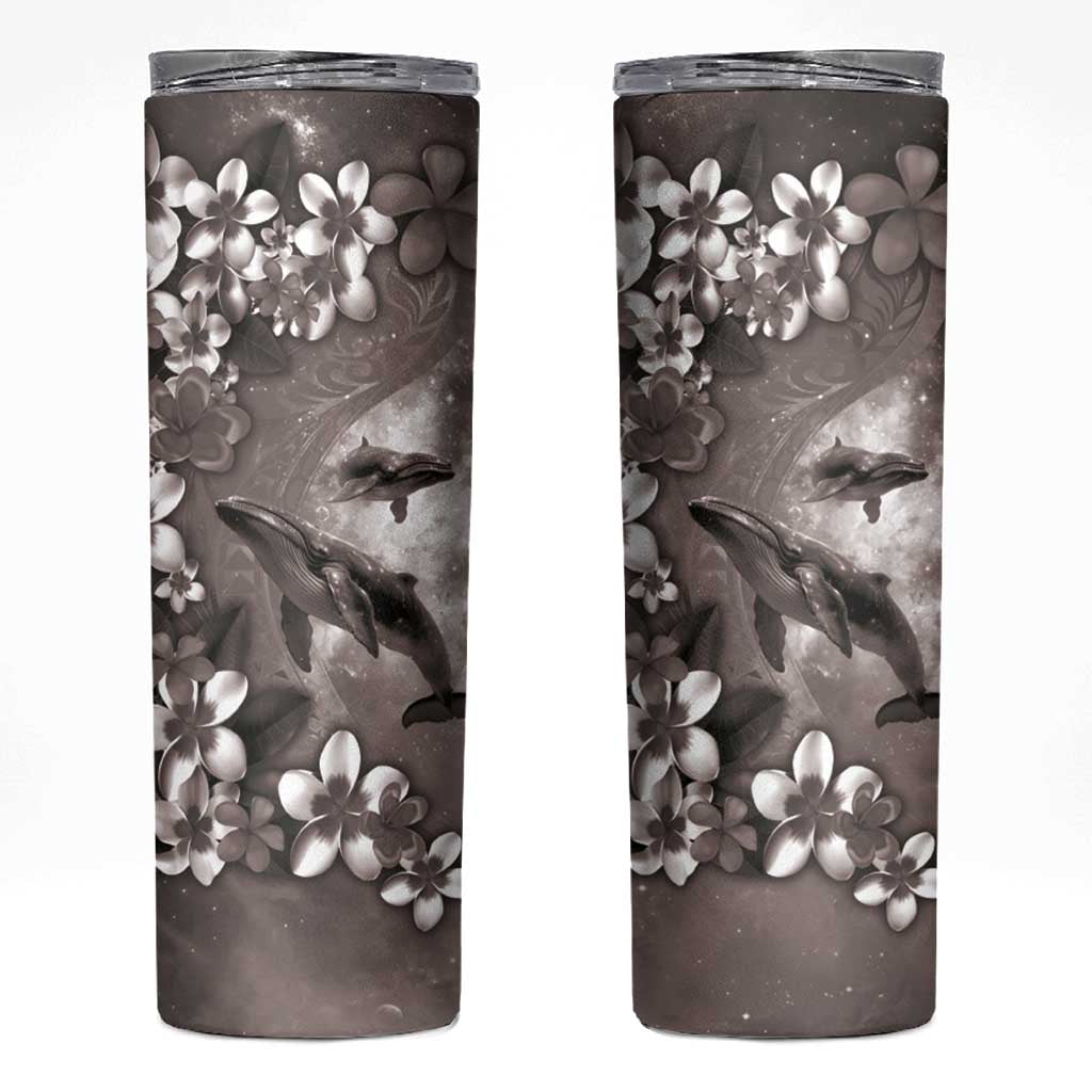 Hawaiian Lei Day Plumeria Humpback Whales Skinny Tumbler Polynesian Art Vibrant Starry Nebula Grayscale Style