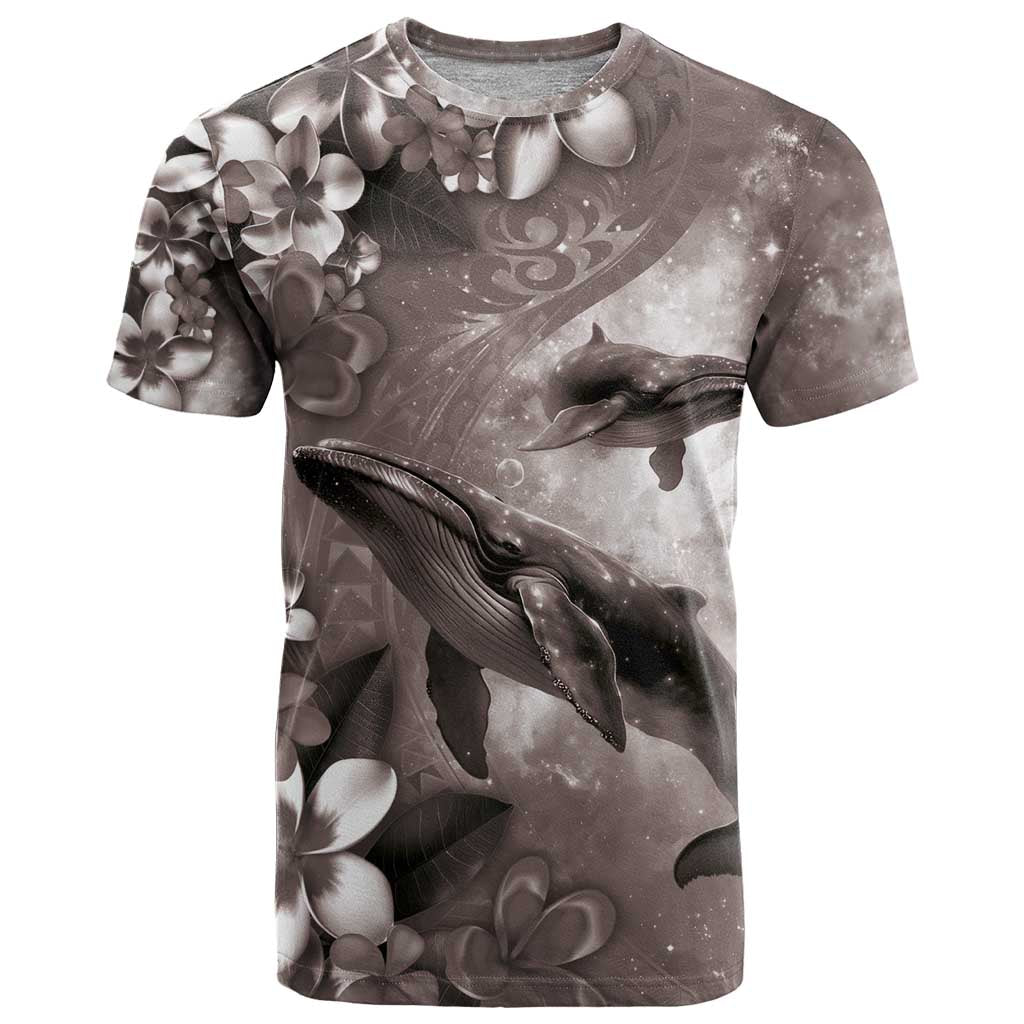 Hawaiian Lei Day Plumeria Humpback Whales T Shirt Polynesian Art Vibrant Starry Nebula Grayscale Style