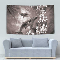 Hawaiian Lei Day Plumeria Humpback Whales Tapestry Polynesian Art Vibrant Starry Nebula Grayscale Style