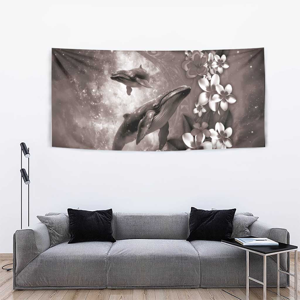 Hawaiian Lei Day Plumeria Humpback Whales Tapestry Polynesian Art Vibrant Starry Nebula Grayscale Style