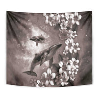 Hawaiian Lei Day Plumeria Humpback Whales Tapestry Polynesian Art Vibrant Starry Nebula Grayscale Style